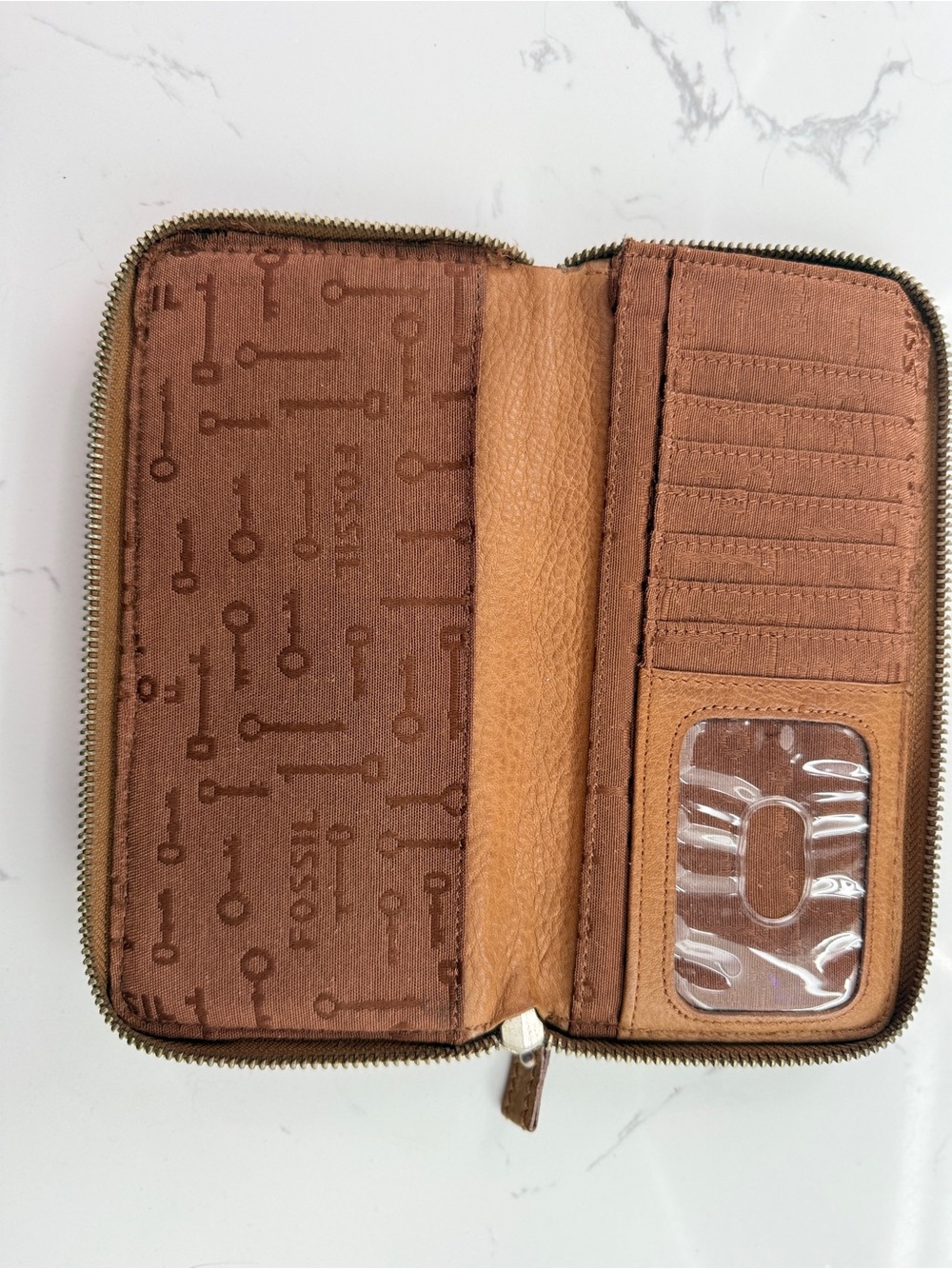 Vintage Fossil Leather Zip Around Wallet Brown Tan Key Print Lining - Picture 10 of 16